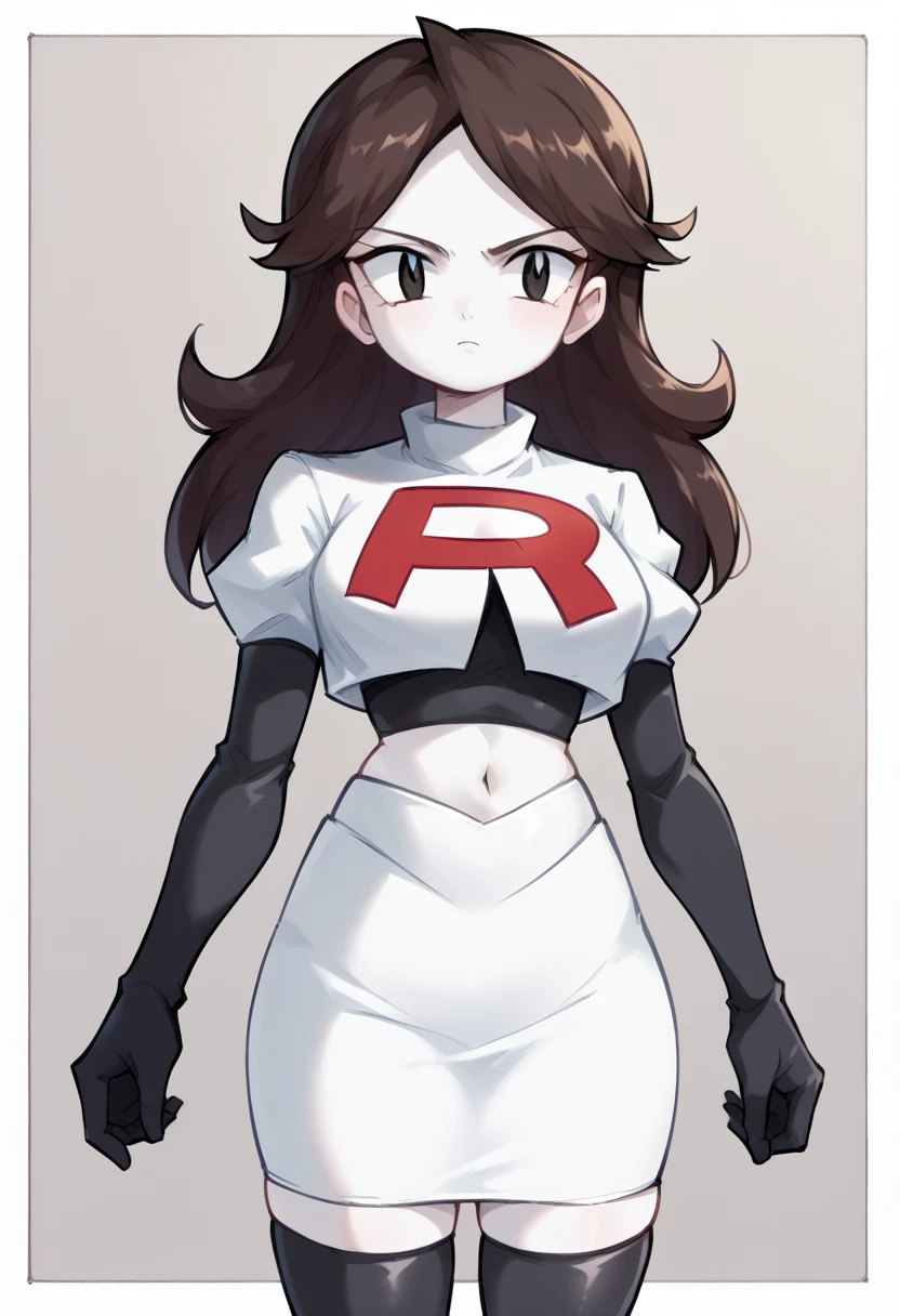 score_9,score_8_up,score_7_up BREAK jaidenSDXL,1girl,long hair,brown hair,black eyes,white skin,team rocket,team rocket uniform,white skirt,red letter R,crop top,black thigh-highs,black elbow gloves,cowboy shot,