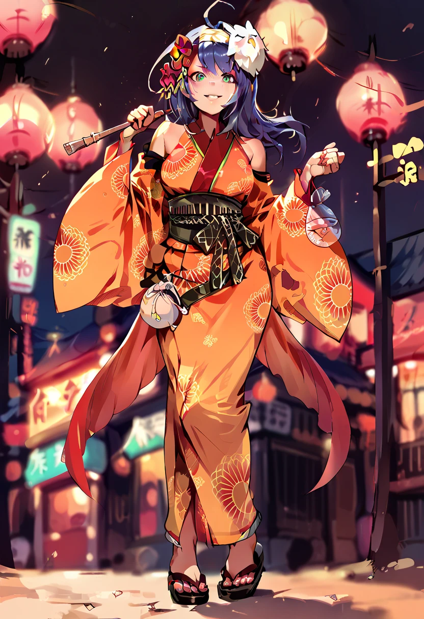 Illustration, realistic proportions, yukata mia,hairband,mask on head,hair ornament,undressing orange kimono,detached sleeves,sash,pouch,sandals, japanese village, blushing, smirking, standing, bare breasts