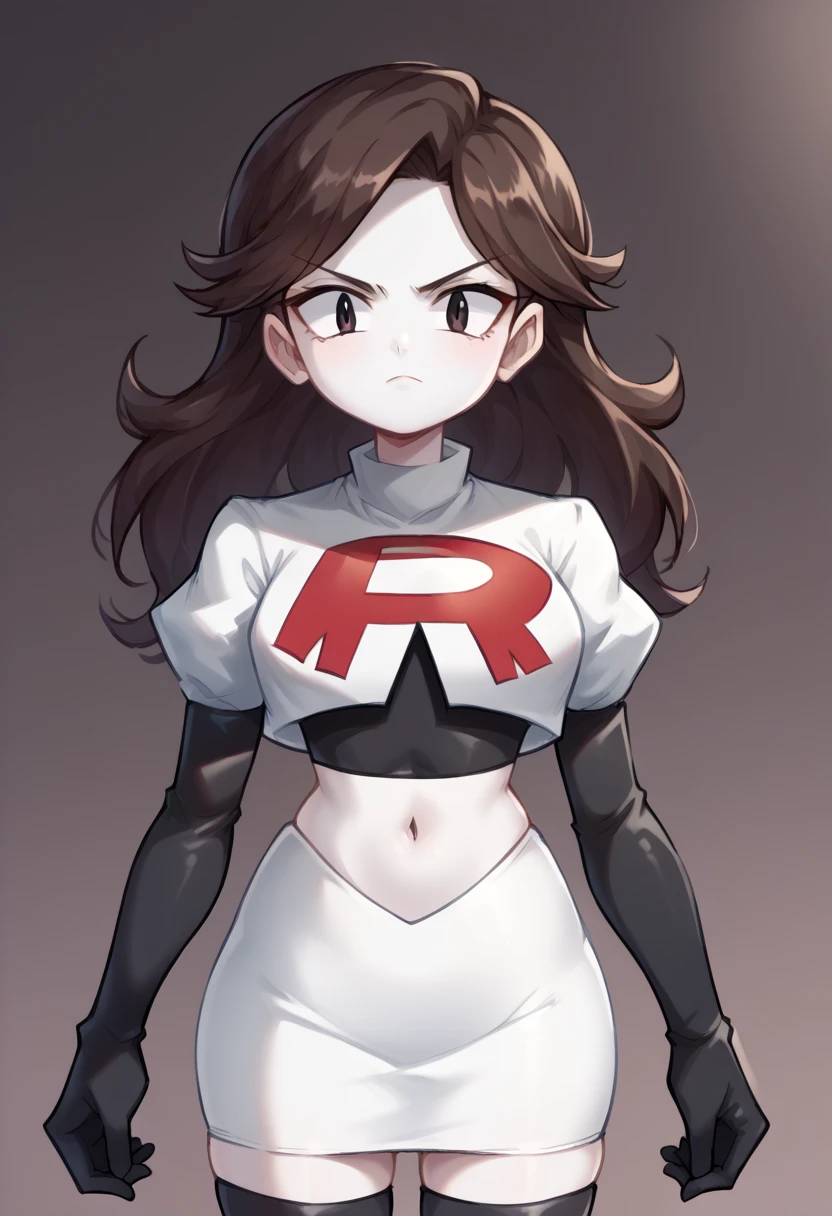 score_9,score_8_up,score_7_up BREAK jaidenSDXL,1girl,long hair,brown hair,black eyes,white skin,team rocket,team rocket uniform,white skirt,red letter R,crop top,black thigh-highs,black elbow gloves,cowboy shot,