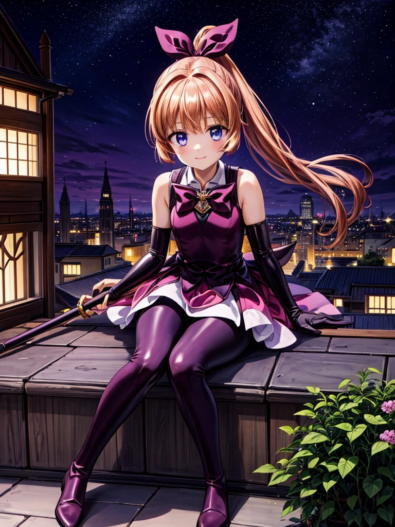 one girl, Meimi Haneoka, Saint tail, cute face, thin and tall, smile, blue eyes, brown long hair, ponytail with ribbon, magical girl, dark purple and pink sleeveless dress, dark purple elbow gloves, dark purple gloves, dark purple pantyhose, dark purple thigh boots, magical stick, full body shot, sitting, rooftop scenery, night view