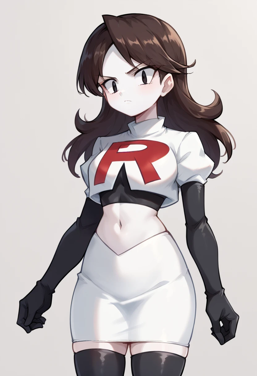 score_9,score_8_up,score_7_up BREAK jaidenSDXL,1girl,long hair,brown hair,black eyes,white skin,team rocket,team rocket uniform,white skirt,red letter R,crop top,black thigh-highs,black elbow gloves,cowboy shot,