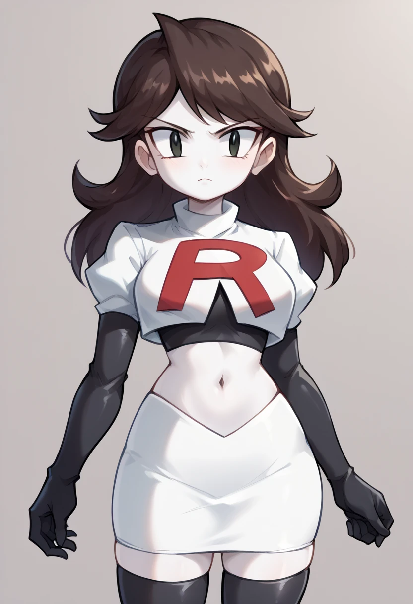 score_9,score_8_up,score_7_up BREAK jaidenSDXL,1girl,long hair,brown hair,black eyes,white skin,team rocket,team rocket uniform,white skirt,red letter R,crop top,black thigh-highs,black elbow gloves,cowboy shot,