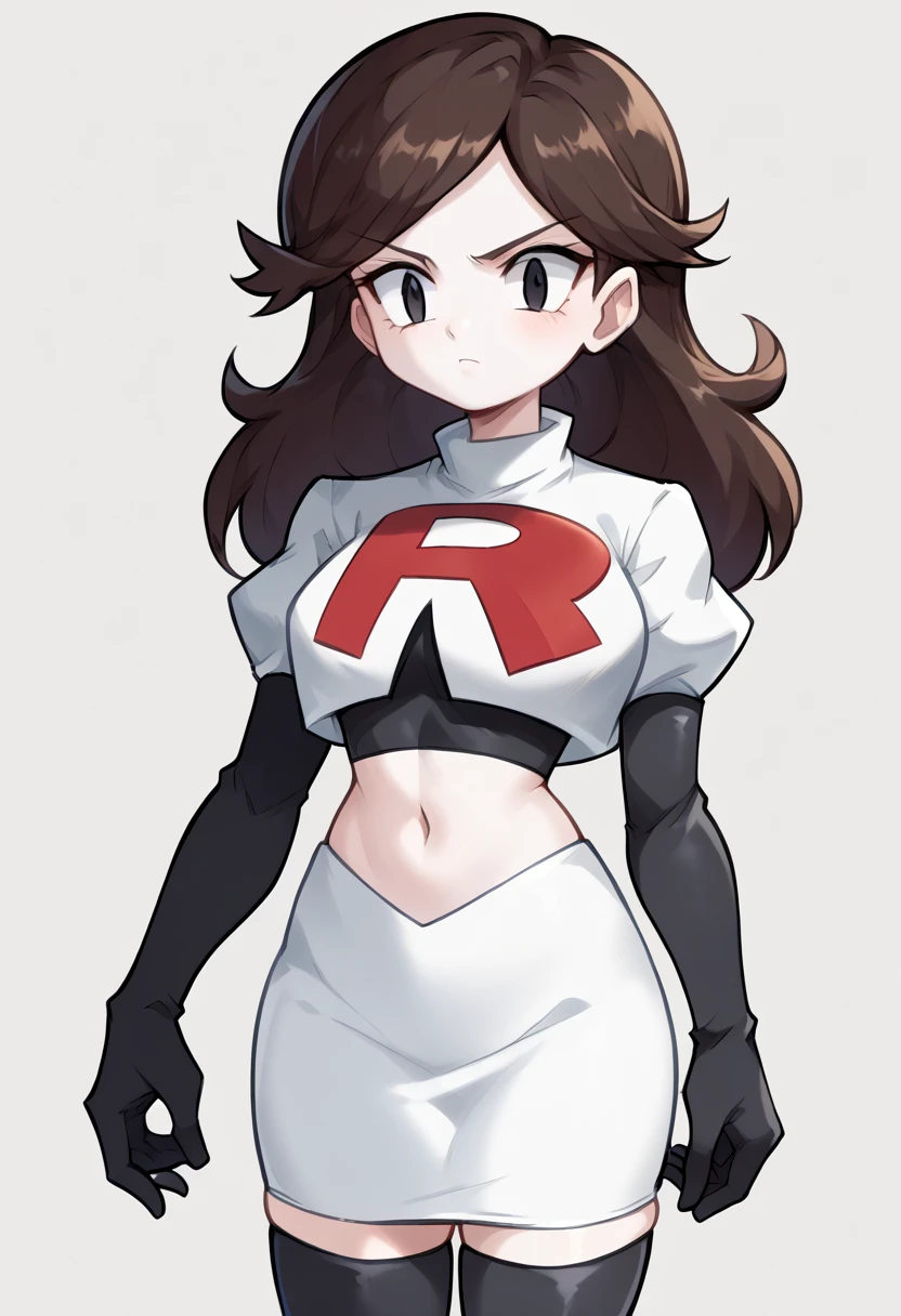 score_9,score_8_up,score_7_up BREAK jaidenSDXL,1girl,long hair,brown hair,black eyes,white skin,team rocket,team rocket uniform,white skirt,red letter R,crop top,black thigh-highs,black elbow gloves,cowboy shot,