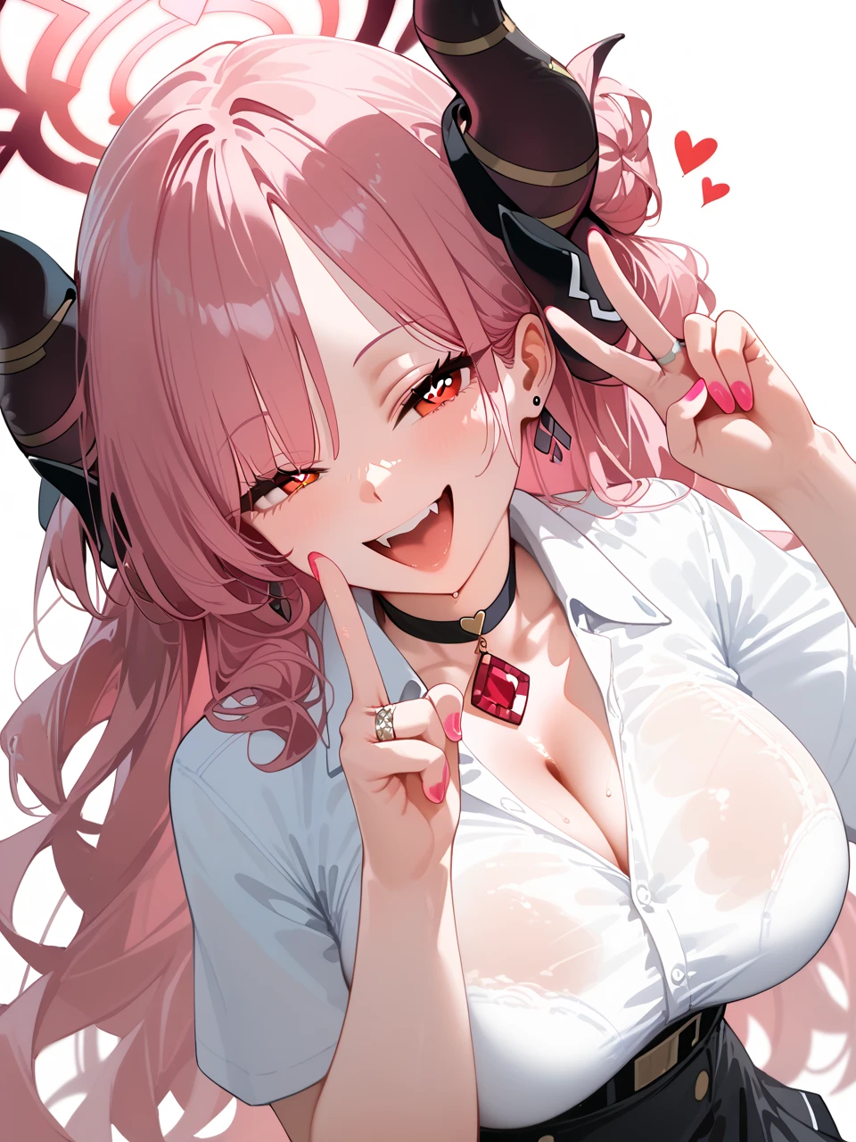 top quality, top quality, high quality pictures , masterpiece , super high resolution , Detailed Background , absurd, Perfect Anatomy , Deep Sex , good lighting , Photo Gallery , 1 mature、 1 girl, Kirara \(blue archive\), blue archive, black choker , black horn, black skirt , , chest, choker , clevis on a stone, clavicle, collared shirt, cowboy shot , demon horn, Double Bang , earrings, tooth, finger tip , Hair Bun, horn, gem, large chest, long finger tip , long hair, looking at viewer, nail polish , closes one eye, open mouth, pink hair, pink nails, red eyes, ring, shirt, Short sleeve, simple background, skirt , smile, Alone, v, white background , white shirt, looking at viewer, (masterpiece), ( top quality), ( ultra detailed ), very beautiful , illustrations, perfect composition , moist skin , intricate details , mysterious in another dimension, fantasy, Big Breasts、 魅力的なsmile, Hearts in eyes, pose