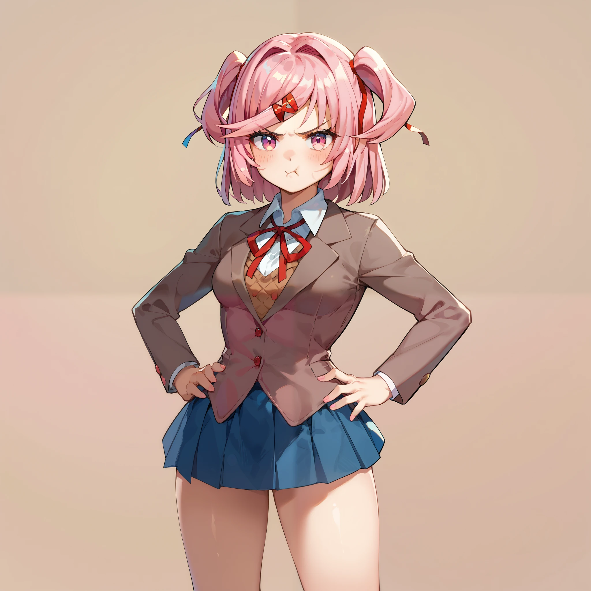 1girl, solo, natsuki, pink hair, pink eyes, two side up, x hair ornament, medium breasts, wide hips, thighs, blazer, neck ribbon, collared shirt, blue skirt, blushed, pout, cute, hands on hips, standing, looking at viewer, simple background, from the front view