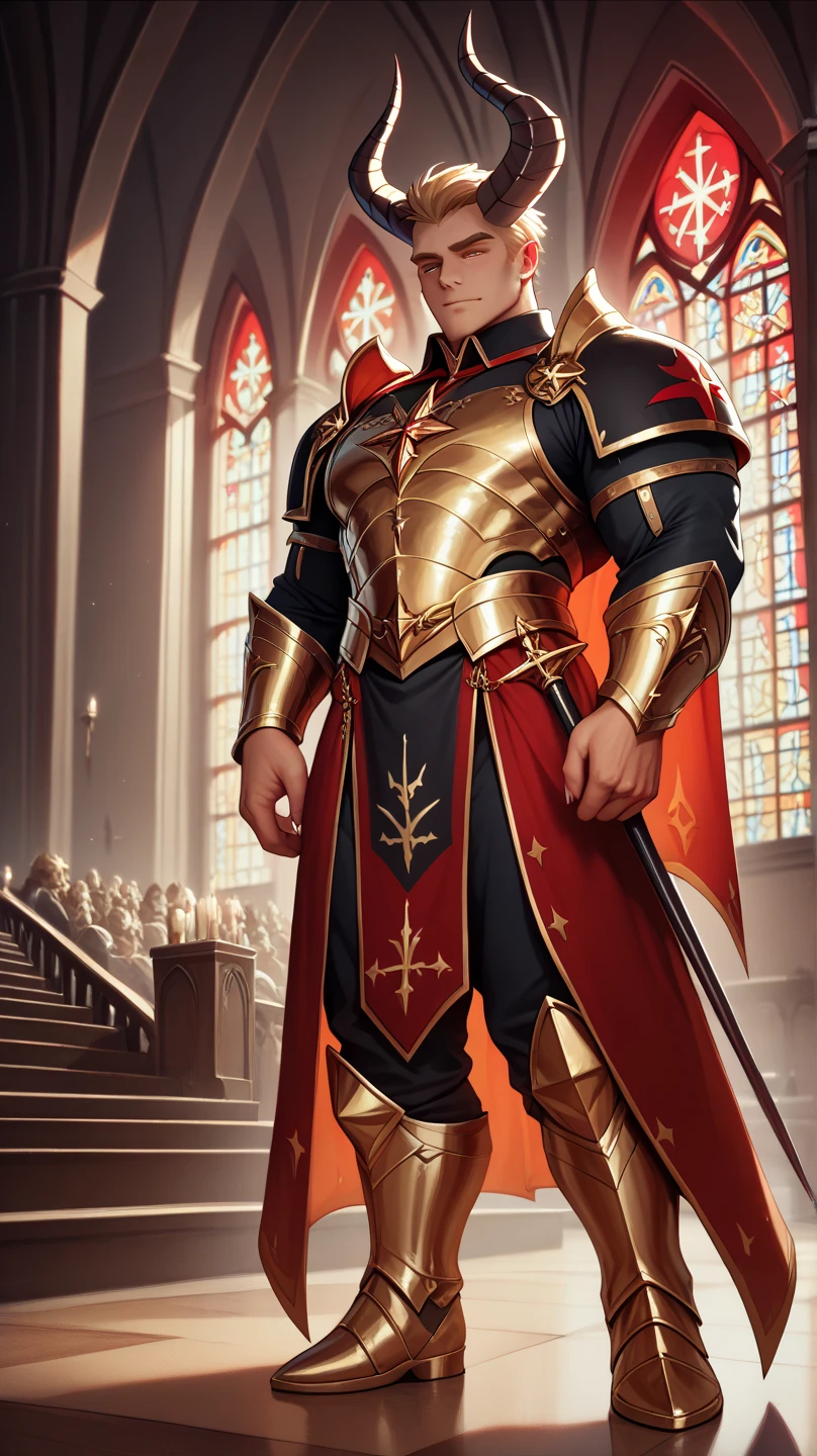  is possessed by a demon, a holy knight commander.A full-body image of an adult male . muscular body .Wear white gold holy knight armor. Eyes Deep Red . standing inside a mysterious black and red church.Bold composition 