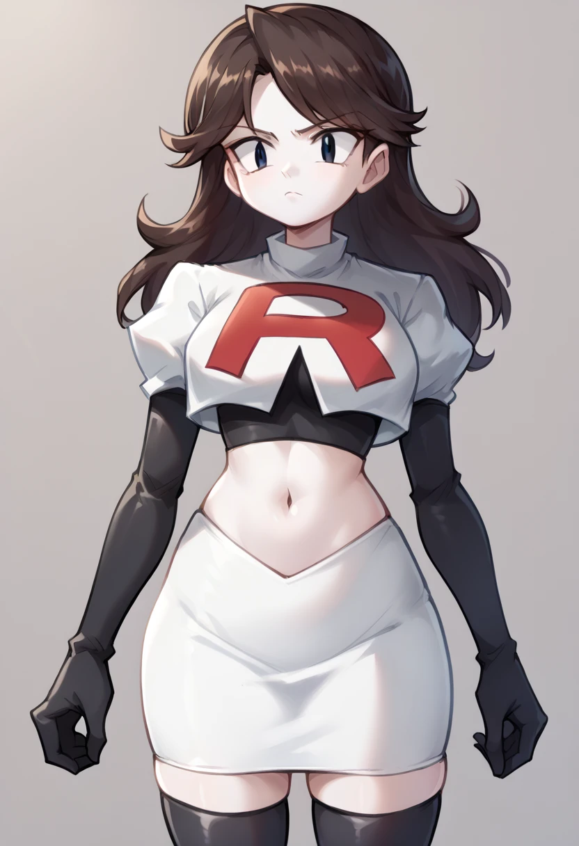 score_9,score_8_up,score_7_up BREAK jaidenSDXL,1girl,long hair,brown hair,black eyes,white skin,team rocket,team rocket uniform,white skirt,red letter R,crop top,black thigh-highs,black elbow gloves,cowboy shot,