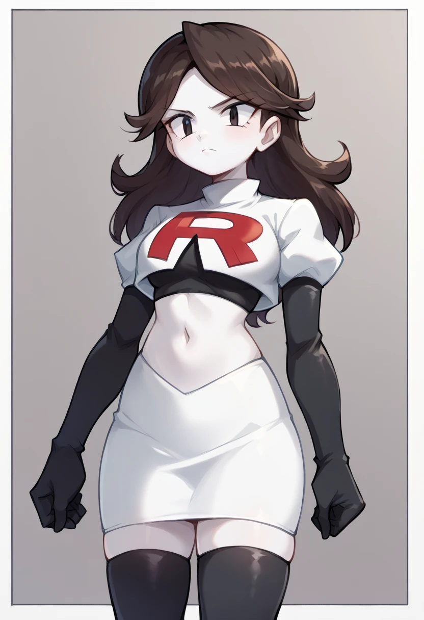 score_9,score_8_up,score_7_up BREAK jaidenSDXL,1girl,long hair,brown hair,black eyes,white skin,team rocket,team rocket uniform,white skirt,red letter R,crop top,black thigh-highs,black elbow gloves,cowboy shot,