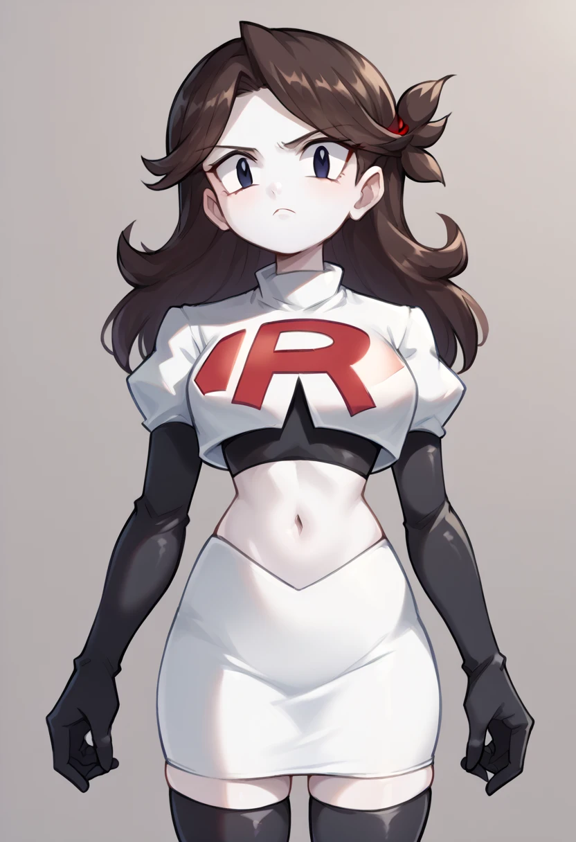 score_9,score_8_up,score_7_up BREAK jaidenSDXL,1girl,long hair,brown hair,black eyes,white skin,team rocket,team rocket uniform,white skirt,red letter R,crop top,black thigh-highs,black elbow gloves,cowboy shot,