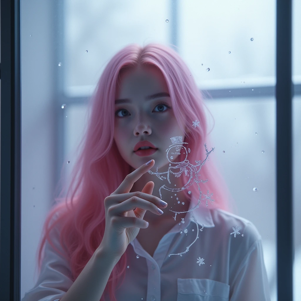 ( Ultra high definition ,  Best Quality ,  high resolution icon ),  Photorealistic:1.5, 1 woman,  long pink hair , window,  escribe con tu dedo en la window nublada\ Snowman doodle \ Drops of water falling  ,   inner