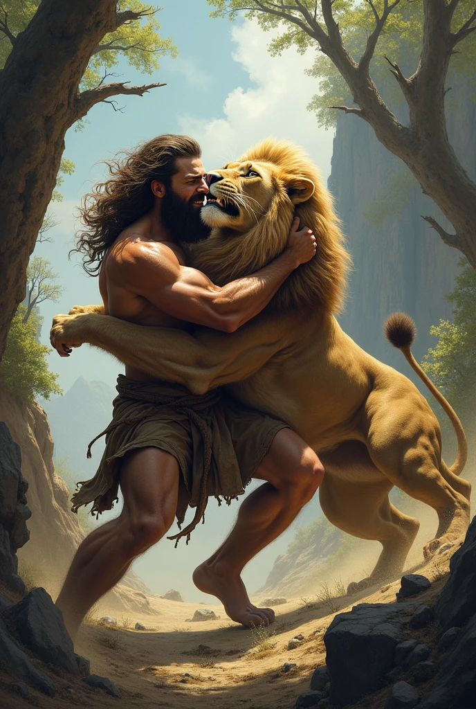 create a painting of Zeus fighting a lion showing his power