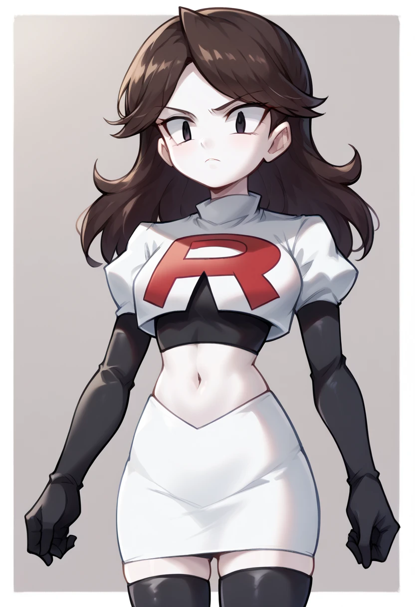 score_9,score_8_up,score_7_up BREAK jaidenSDXL,1girl,long hair,brown hair,black eyes,white skin,team rocket,team rocket uniform,white skirt,red letter R,crop top,black thigh-highs,black elbow gloves,cowboy shot,