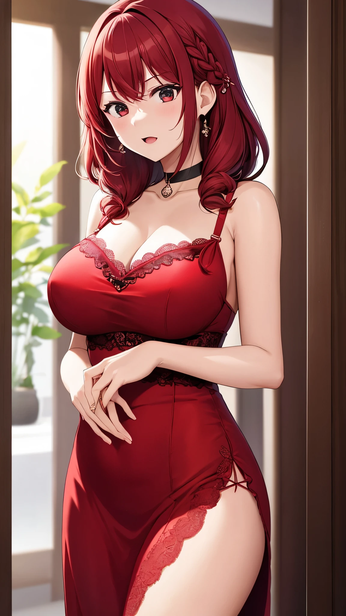 Arima Kana、  top quality、  top quality、  Masterpiece 、(8k resolution),Beauty(  mature、A sophisticated face、 one woman)、Big cleavage、（  sexy perfect style ）、（Get closer） 、 Earrings 、 Red Hair(  medium hair 、Inner Roll）、 (red lace wedding dress、Red lace bra) 、  showing belly 、  red choker 、 angry expression、( very big breasts)、Side braided hair、  open your mouth slightly