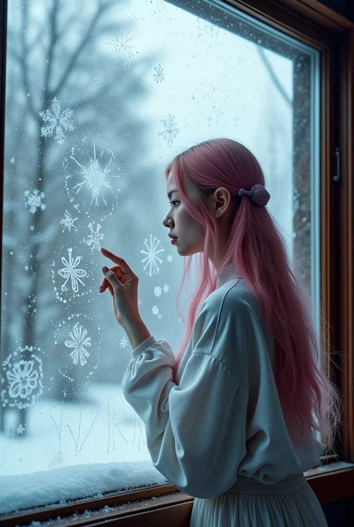 (UHD, best quality, highres icon), photo realistic:1.5, 1woman, long pink hair, Window,  write with your finger on the cloudy window\Snow man doodle\ Water Drops Falling ,  indoor