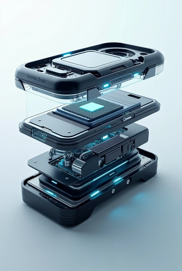 A highly detailed, exploded-view of the interior of a futuristic electronic device inspired by the design language of Nothing. The components are arranged in an aesthetically pleasing and organized way, showcasing transparent casings that reveal intricate circuits, microchips, and LED lights glowing softly in white and blue tones. The design emphasizes clean lines, symmetrical arrangements, and a minimalist layout. The materials include transparent glass-like surfaces, matte black and metallic finishes, with subtle highlights on key technological features. Each layer of the device is meticulously displayed, from the outer shell to the internal battery, sensors, and advanced cooling systems. The background is clean and minimal, with a soft gradient or plain white to focus attention on the technology inside. The overall style is sleek, modern, and futuristic, blending art and functionality seamlessly.