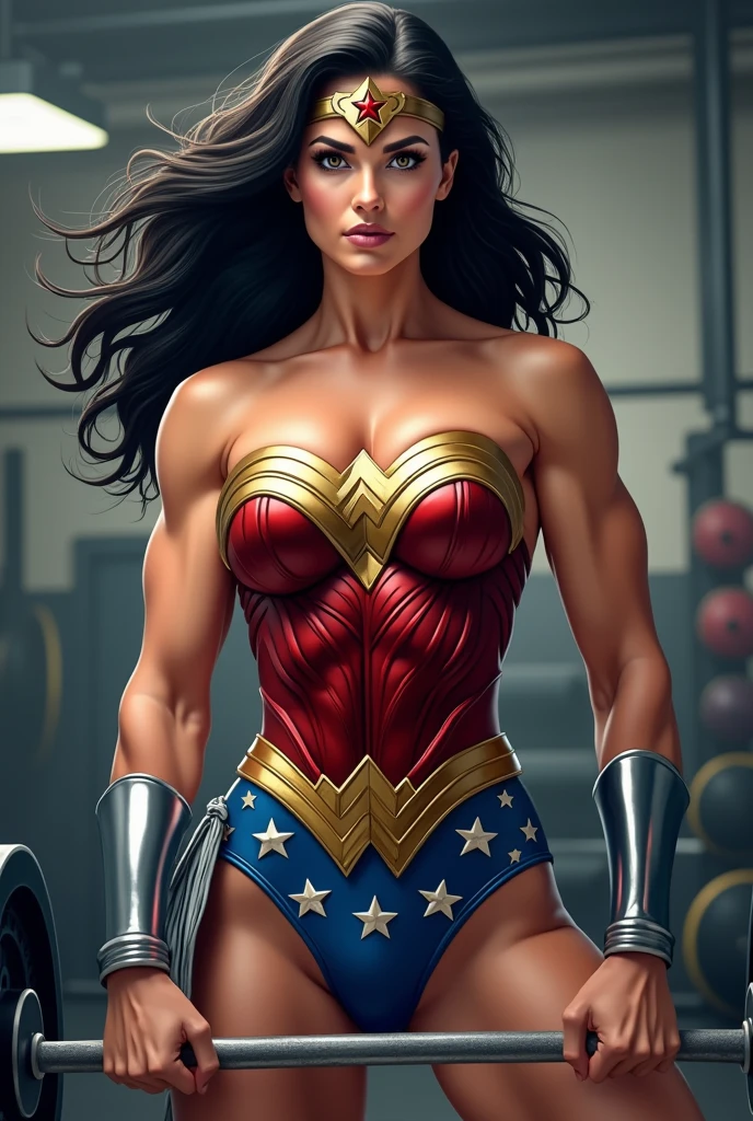 Cinematic soft lighting illuminates an incredibly detailed and ultra-realistic Wonder Woman bodybuilder, musculoso, super forte, armadura vermelha e azul, that is trending on ArtStation. Octane is the perfect tool to capture the softest details of this 16k photography masterpiece. Setting is of a bodybuilding gym