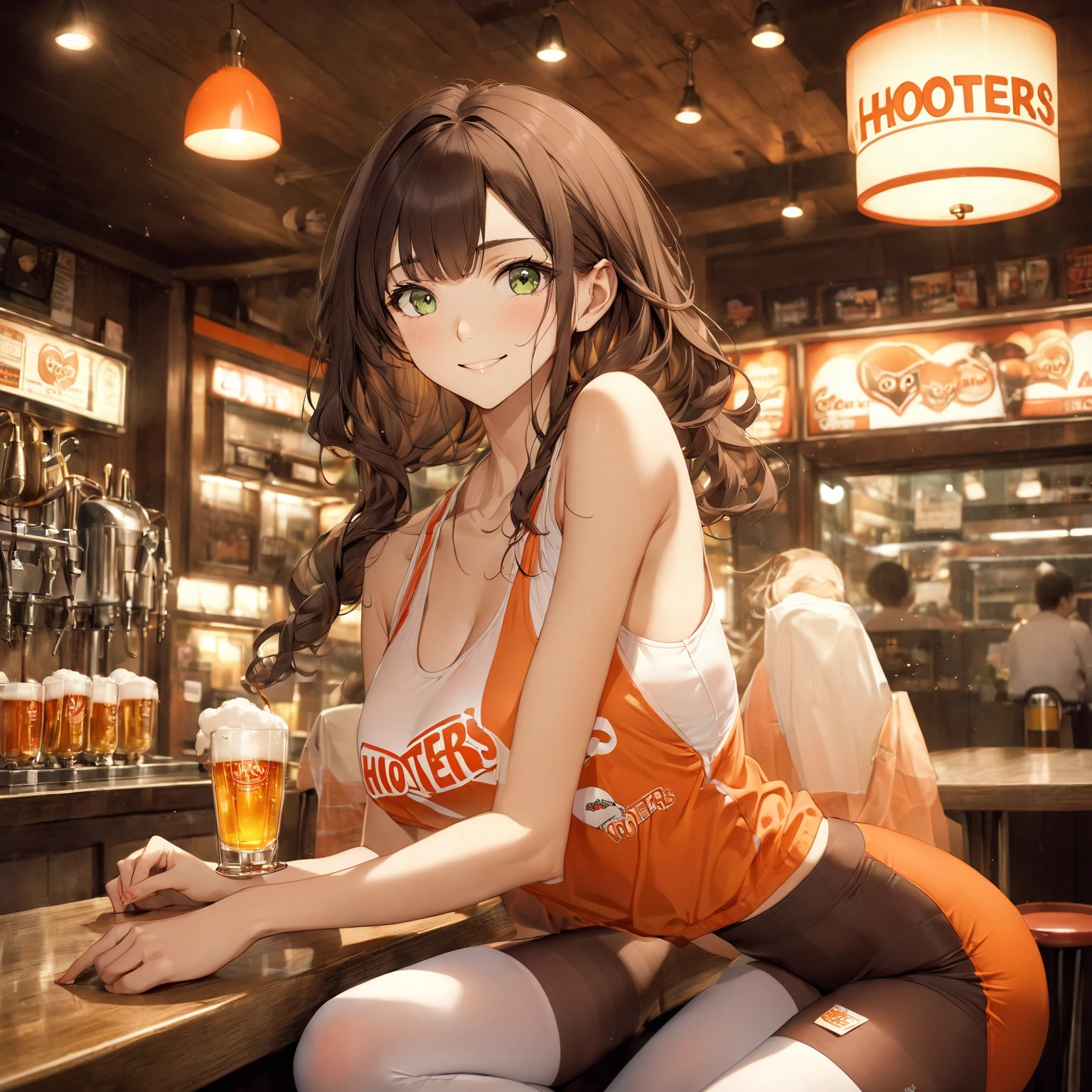 Eating nachos in a Mexican pub、Brown-haired girl in a cape drinking tequila Wearing sneakers High leg shorts with suspenders Large Breasts Showing her belly button Ultra low rise Knee-high socks No underwear Belt on chest