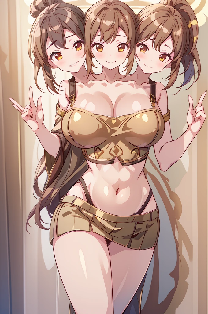 (masterpiece, best quality), best resolution, (3heads:2.0), 1girl, 16k resolution, highres, ultra quality, ultra resolution, ultra detail, FEDelthea, brown hair, (brunette:1.5), ponytail, smiling, soft smile, grinning, making a smug face, open belly, gold-brown-white crop top, gold-brown miniskirt, very skimpy mage attire, open breasts, very huge breasts, sexy pose, young adult woman, very revealing mage attire, brown eyes, very detailed eyes,
