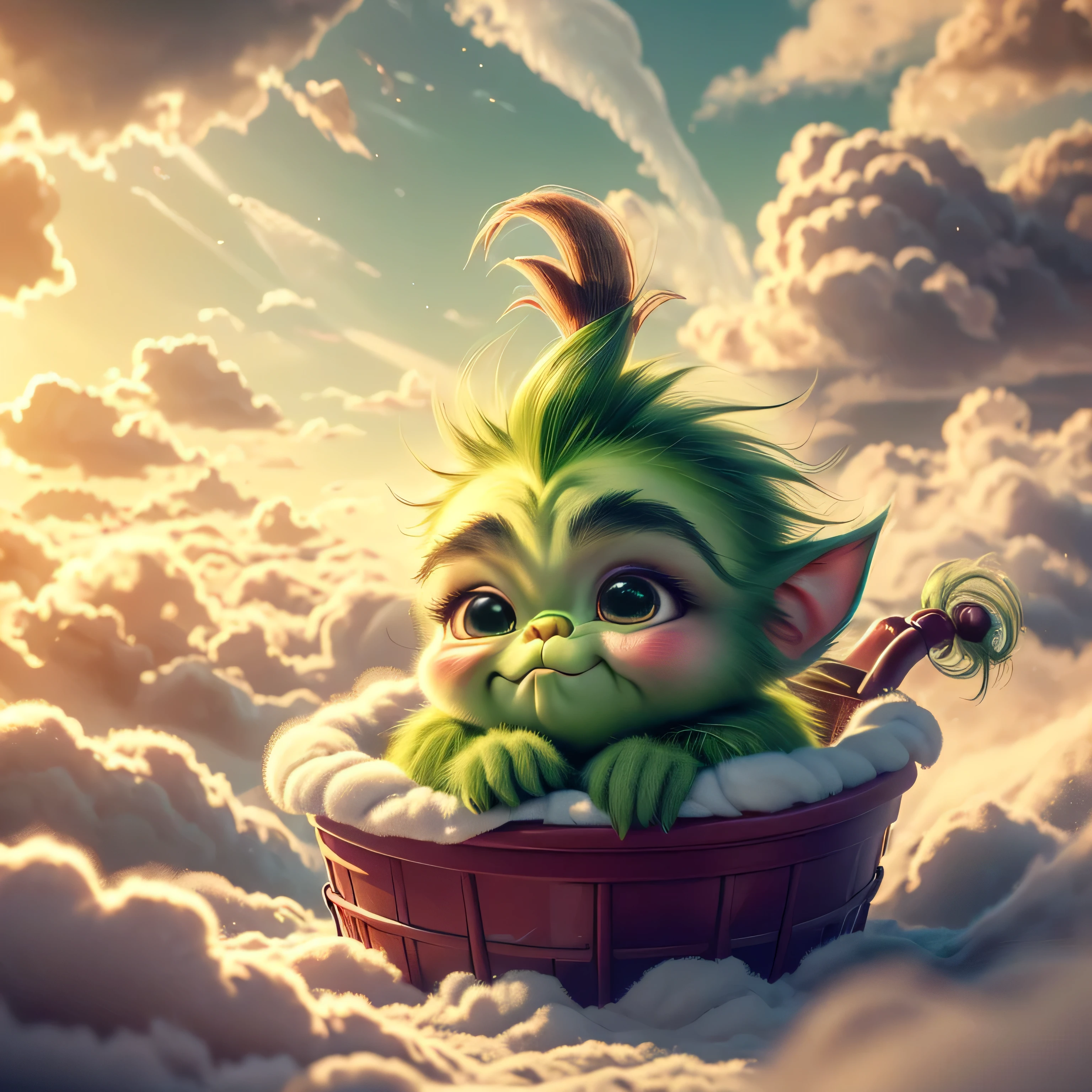 A beautiful, adorable  Grinch made entirely of soft green clouds, peacefully nestled in a bed of fluffy clouds. The babynch has a gentle, serene expression as it sleeps, with its soft, dream-like appearance. The surrounding clouds are colored in pastel shades of red and gold, creating a warm and dreamy atmosphere. The entire scene is bathed in a soft, ethereal light, enhancing the magical and fantastical quality of the image. The baby Grishould appear as a seamless part of the cloudscape, blending perfectly with the surrounding clouds, but still maintaining distinct, realistic features that highlight its cuteness and charm.