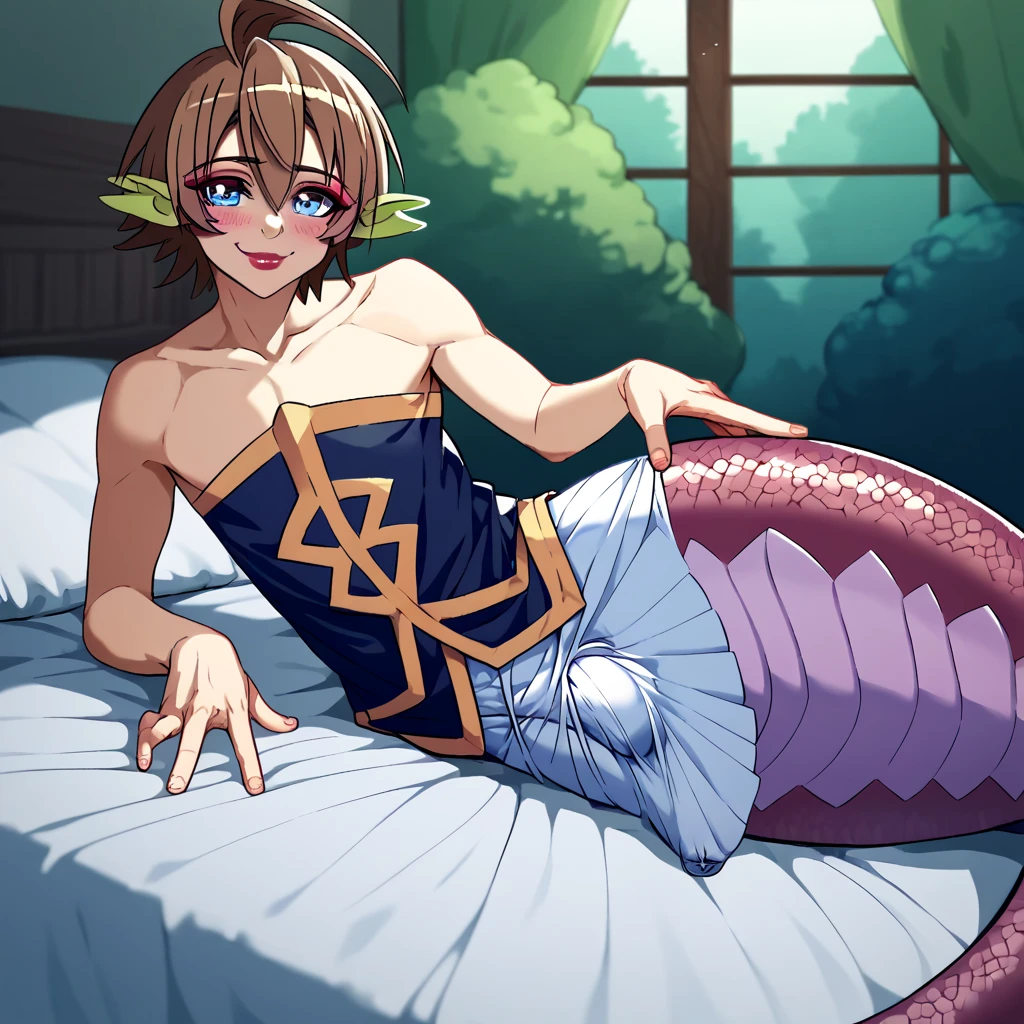 1boy, solo, alone, bed, red lips, brown hair, short hair, spike hair, blue eyes, red eyeshadow, pink blush, pink lips, smile, happy, looking at viewer, flat chest, Laying on side pose, bed at forest, many tree, on bed, cosplay Monster Musume no Oishasan | Saphentite Neikes , Monster Musume no Oishasan | Saphentite Neikes outfit, bulge small penis under outfit, light purle lamia, light purple lamia tail below waistline, scales lamia tail,