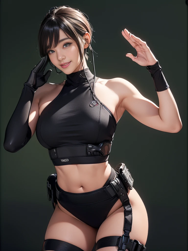 (masterpiece, best quality:1.2), quiet (metal gear), ((1girl, solo:1.5)) one body, torn pantyhose, black pantyhose, solo, torn clothes, suspenders, front-tie bikini top, bikini, brown hair, swimsuit, breasts, ponytail, gloves, holster, asymmetrical gloves, cleavage, thigh holster, mismatched gloves, large breasts, single elbow glove, navel, elbow gloves, long hair, lips, highleg, highleg bikini, black bikini, looking at viewer, smile, on the floor, indoors, sunlight, window, bed