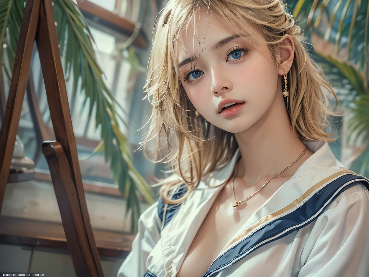 masterpiece, ultra high quality, high quality, High resolution, high quality details, high quality shadow, Attention to detail, Beautiful details, In detail, Highly detailed CG, Detailed Texture, a Realistic representation of the face, Realistic, colorful, delicate, Cinematic Light, Side light, Lens flare, Ray Tracing, Sharp focus, (Intricate details, compensate, Purelos Face_v1:0.5), (detailed beautiful delicate face, detailed beautiful delicate eyes, Perfectly balanced face, Attention to detailed skin, Detailed skin, The optimal ratio is four fingers to one thumb, close up of upper body, from above, looking up at viewer, (sagging Breasts), (huge breasts, Cleavage), ((Smooth texture, Realistic texture, Photo Realistic)), (Beautiful eyes in every detail, Beautiful eyelashes, Emerald Eyes), Blonde medium hair, messy hair, 1female, By the pool, (((Sailor shirt, No sleeve, Open Front))), (Beautiful Face, Cute face, Detailed face), (((sunny))), perfecteyes eyes, string only micro bikini top, Close-up of a woman with very large breasts, Anime Girl Cosplay, Real life anime girls, Enchanting anime girl, beautiful alluring Anime Women, blonde anime girl with long hair, Realistic young anime girl, Up to the model | ArtJam, Attractive anime girl, Anime Women, Stop 4 *, Stop 4, beautiful Anime Women, Realistic Anime, (((masterpiece))), (((best quality))), ((ultra-detailed)), (highly detailed CG illustration), ((an extremely delicate and beautiful)),(cute delicate face),cinematic light,((1mechanical girl)),solo,full body,(machine made joints:1.4),((machanical limbs)),(explosed muscles),(blood vessels connected to tubes),(a brain in container:1.3),((mechanical vertebra attaching to back)),((mechanical cervial attaching to neck)),((sitting)),expressionless,(wires and cables attaching to head and body:1.5),short hair,(character focus),science fiction, masterpiece, High resolution, figure, Kyoto Animation Style, Your Name Movie Style, night, mid-night, Light, (1girl:1.3), (alone:1.4), Long eyelashes, messy hair, medium hair, futon, Lying down, (covering chest by hand), (((in heat, aroused, wishful, orgasm, a