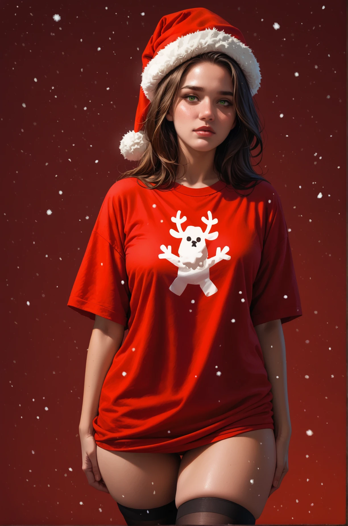 score_9, score_8_up, score_7_up, cartoon of a girl, solo, sexy, slutty, brown skin, hazel green eyes, brown hair, straight hair, christmas hat, red oversized tshirt, small breast, black thigh high sock, visible thighs, wide hips, standing, grabbing, snowing, atmospheric lighting, moody and gritty, bright red background, simple background