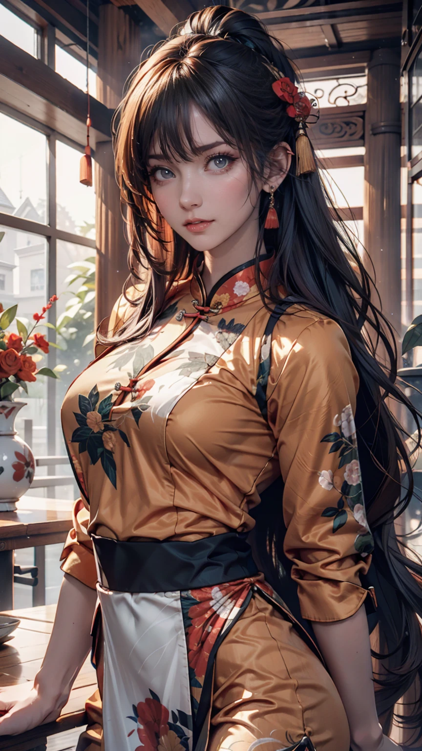 (A masterpice、of the best quality、ultra detaild、high resolucion、absurdist:1.4)、(shiny black hair、Long、Smooth white shiny skin:1.2)、(superfine illustration、extremely detailed CG Unity 8k wallpapers)、1girl、Very cute and beautiful girl。Slender、abdominals、middlebreasts、reddish、aurum、break、(Ren Hao)、(Single fishnet stockings、Single garter strap、Cross Lace Sleeve、Cross Lace Clothing:1.2)、heart、collars、ribbon choker、Ear piercing、break、japanese kimono、gothic lolita、Knee-length skirt、break、Background is a hotel in Japan at night、ryokan、Washitsu Background、lightl smile、sitting on、wariza、holding hands between the legs,、ufotable style、anime screen cap、 pink lipsticks、flawless anatomy、Perfect Ratios、Beautiful detailed face、
