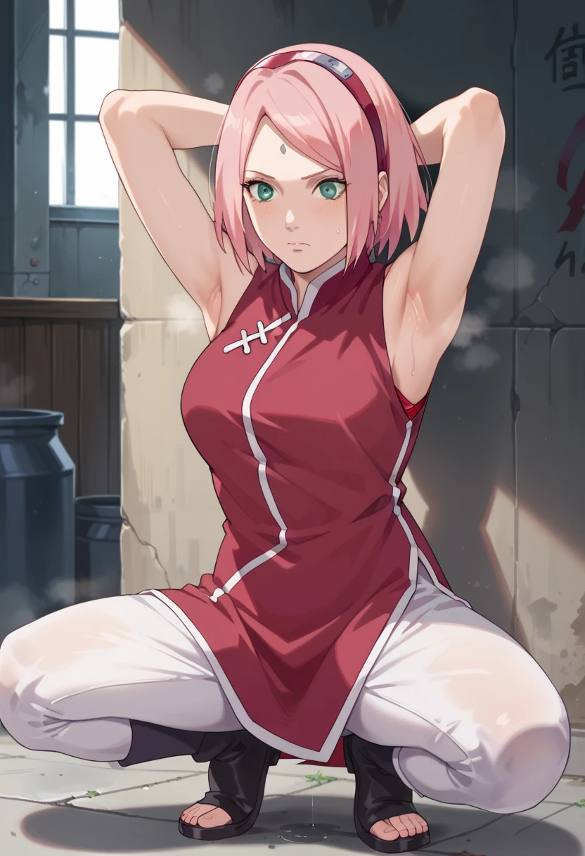 ,nsfw,haruno sakura,sakura,green eyes ,pink hair, short hair,, red sleeveless dress, navel, large breasts, white pants,In a dimly lit alley ,Armpit,Armpit wrinkles,Armpit smell,Armpit juice,Arms up,Stretch,pubic hair,under hair,squat down, 