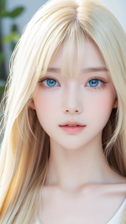  1 14-year-old incredibly white girl 、super long golden hair 、bangs、 super long platinum blonde silky hair 、Big incredibly bright, glowing white, vibrant mint-green eyes、目の間のbangs、very long golden hair 、 high definition 、 blond hair between eyes 、eye-catching blonde 、 shiny blonde、 eye-catching blonde 、Round face、Young appearance、innocent pretty face 、Very white, beautiful, and shiny skin、Cheek gloss highlight, shiny makeup, hair on the face, long hair hanging in the center of the face, hair on the nose, hair touching the lips、Long hair hanging between the eyes