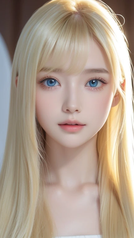  1 14-year-old incredibly white girl 、super long golden hair 、bangs、 super long platinum blonde silky hair 、Big incredibly bright, glowing white, vibrant mint-green eyes、目の間のbangs、very long golden hair 、 high definition 、 blond hair between eyes 、eye-catching blonde 、 shiny blonde、 eye-catching blonde 、Round face、Young appearance、innocent pretty face 、Very white, beautiful, and shiny skin、Cheek gloss highlight, shiny makeup, hair on the face, long hair hanging in the center of the face, hair on the nose, hair touching the lips、Long hair hanging between the eyes