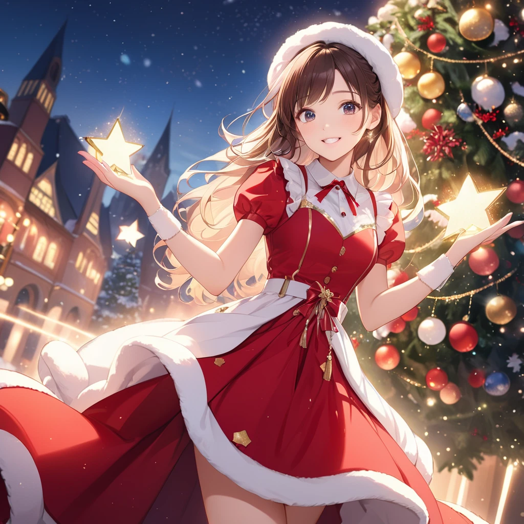 Top resolution、 Top image quality、 masterpiece、 8K、Composition seen from behind、 (((One Woman)))、 mournful smile、red blush、cute little (((5 head body)))、sparkly eyes、Light in the eyes、hair adornments)))、 (((santa)))、 Wearing a cloak、(skirt by the)、((Long tights))、 thighs thighs thighs thighs、In the city、 Crowds、 Christmas、Falling snow、Dating、Christmas present、Refers to 5、(((a big light falls behind me)))、