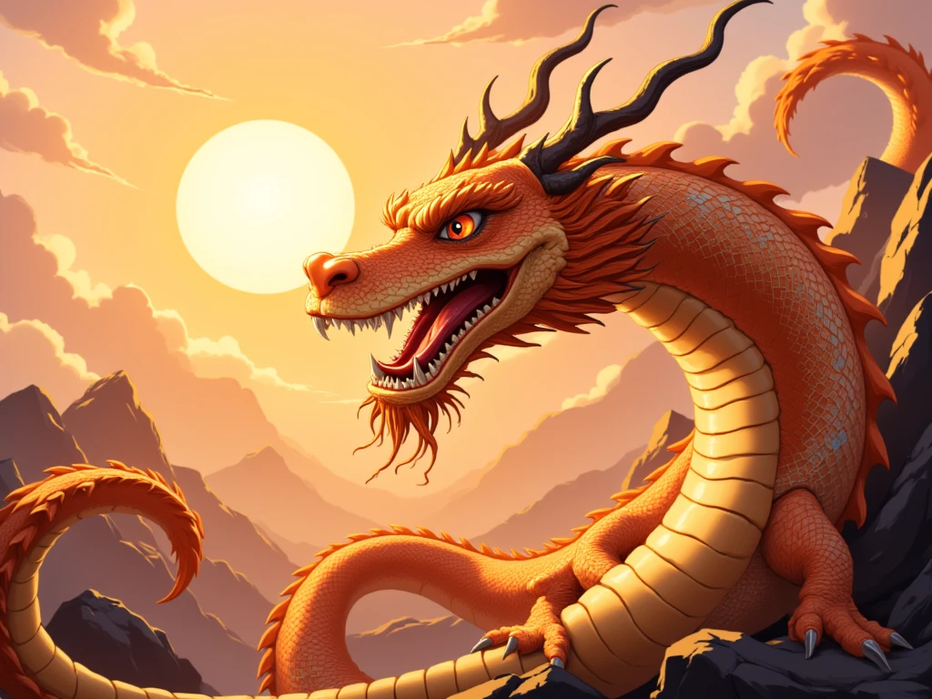 3D style,  A realistic image of a Chinese dragon, with a fierce expression, red eyes, sharp teeth, a long golden body with beautiful scales. floating in the sky Saw a long, beautiful, proportional body, without wings, and with two sharp, ferocious-looking claws in the dim atmosphere of the setting sun. well-defined   showcasing intricate details and textures, with a softly blurred background to emphasize the creature's muscular build  expression, evoking a sense of care and wonder.(พื้นหลังที่ละเอียดมาก:1.0), (พื้นหลังรายละเอียดสูง:1.0),