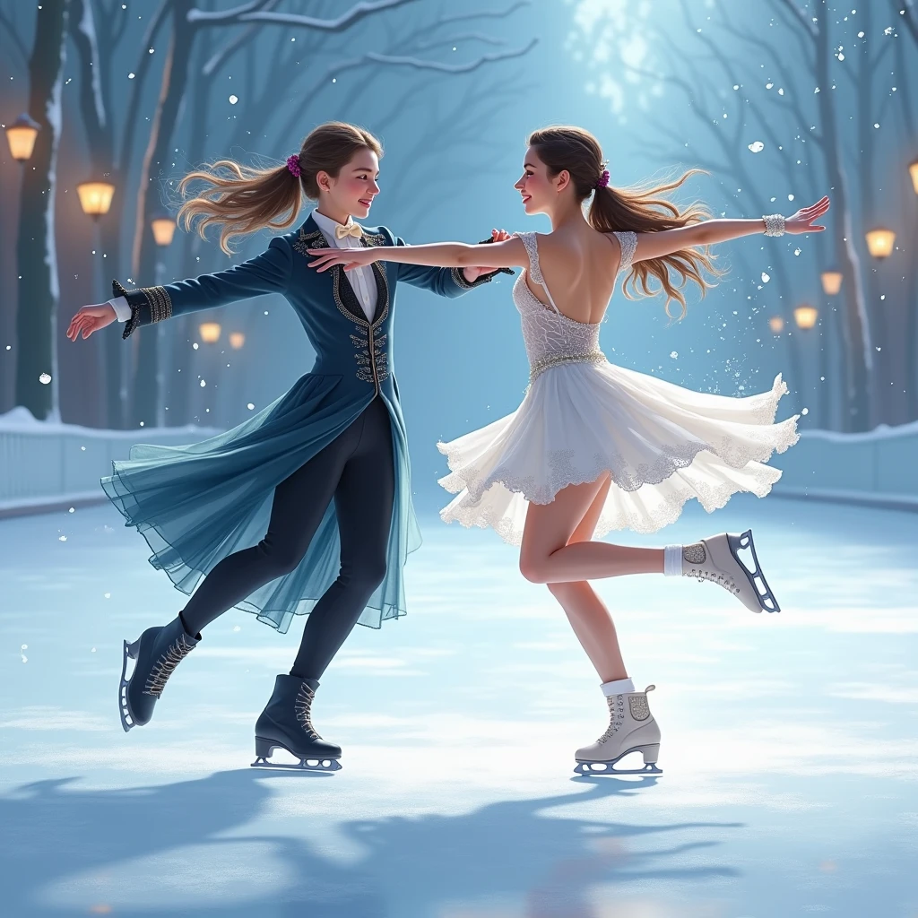(masterpiece, best quality),   <lora:girllikepairskating:0.8> pair skating, 2girl, girl lift another girl, raise shoes, hug waist, dancing on grand ice skating exhibition, bling decorate lace dress, sleeves, cinematic light, countless crowd, wind, night