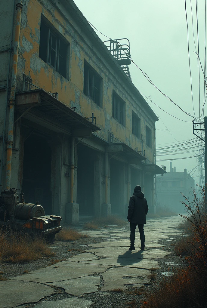 Outside,  in front of a abandoned warehouse 