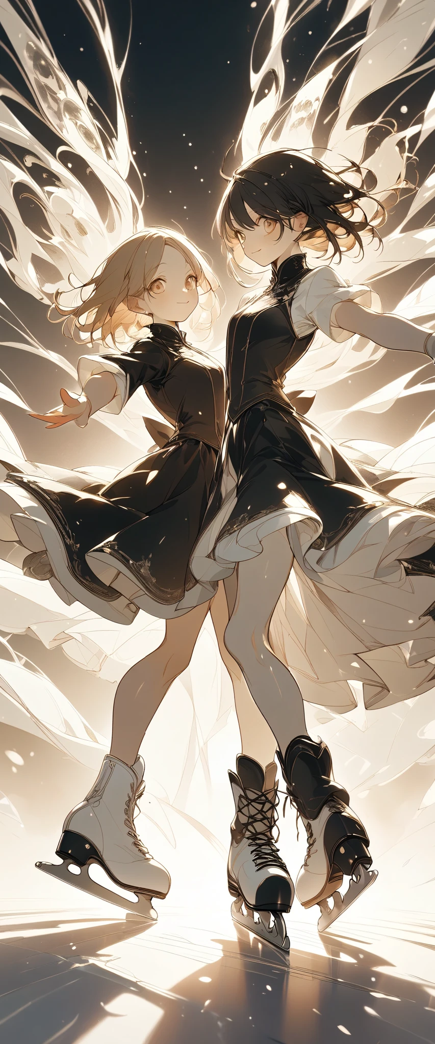 Ice dancing,A pair of two girls are smiling and dancing , wearing skates, DYNAMIC ANGLES, wide angle shot,Sepia illustration art,glowing, break ,masterpiece, accurate, anatomically correct, textured skin, super detail, award winning, 8k