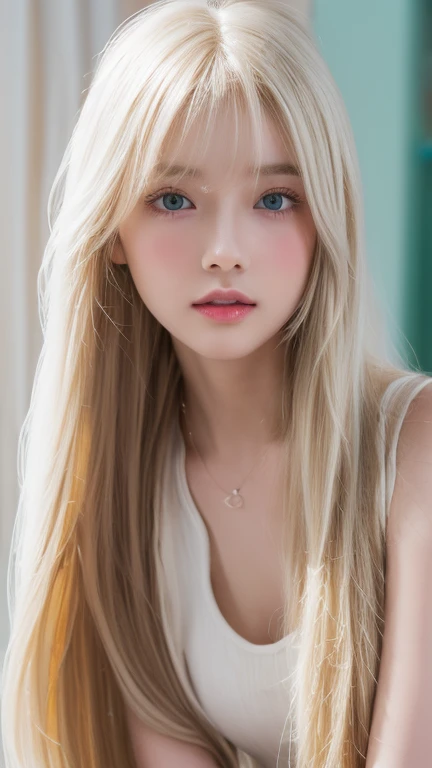  1 14-year-old incredibly white girl 、super long golden hair 、bangs、 super long platinum blonde silky hair 、Big incredibly bright, glowing white, vibrant mint-green eyes、目の間のbangs、very long golden hair 、 high definition 、 blond hair between eyes 、eye-catching blonde 、 shiny blonde、 eye-catching blonde 、Round face、Young appearance、innocent pretty face 、Very white, beautiful, and shiny skin、Cheek gloss highlight, shiny makeup, hair on the face, long hair hanging in the center of the face, hair on the nose, hair touching the lips、Long hair hanging between the eyes