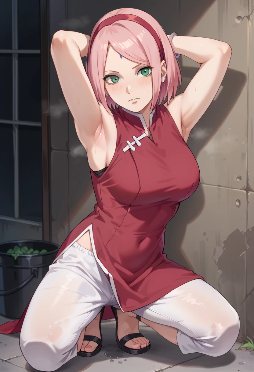 ,nsfw,haruno sakura,sakura,green eyes ,pink hair, short hair,, red sleeveless dress, navel, large breasts, white pants,In a dimly lit alley ,Armpit,Armpit wrinkles,Armpit smell,Armpit juice,Arms up,Stretch,pubic hair,under hair,squat down, 