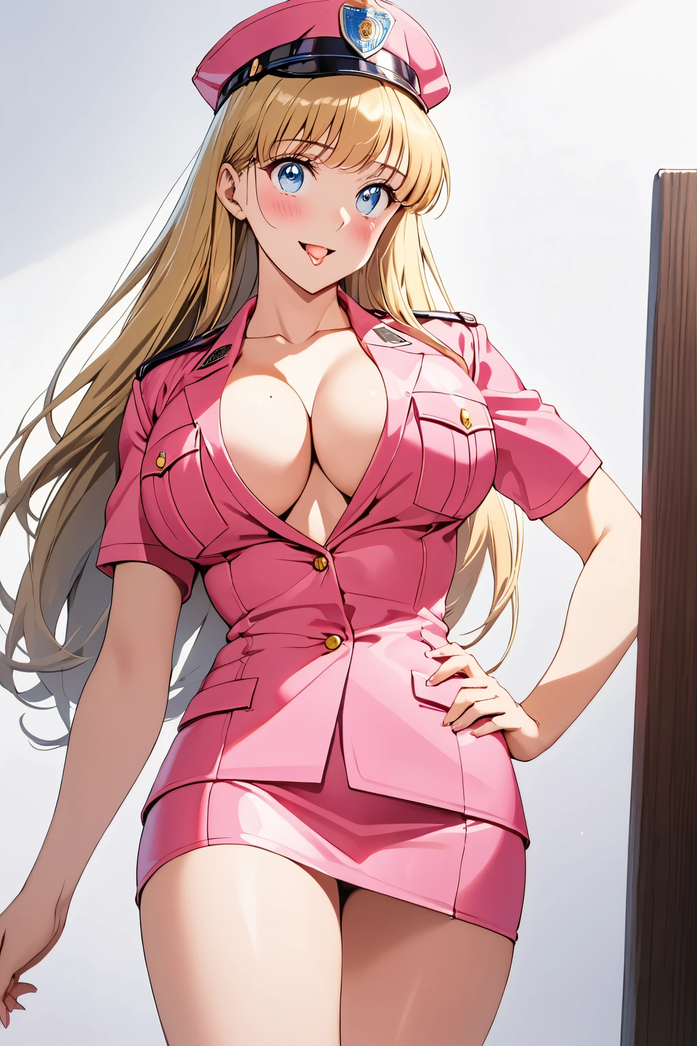 masterpiece, BestQuality, High resolution,16k,official art,super detailed skin,detailed,animated painting,(Akimoto Reiko),1990s \(style\),(G-cup beautiful breasts), (tall:1.2),height: 180cm,Fashion model body type,(clevage:1.3), Sexy long legs,(pink police costume,pink mini skirt:1.2),blondy,long hair,blue eyes,Muscular、1girl,solo,nsfw,sexy,light smile,shy,blush,(vulgarity:1.6)、(Ahegao:1.4),Anime-style painting style,Close up on upper body,Cinematic lighting,Superfine,Seductively Posing,dynamic angle,extreme closeup shot,(simple white background),