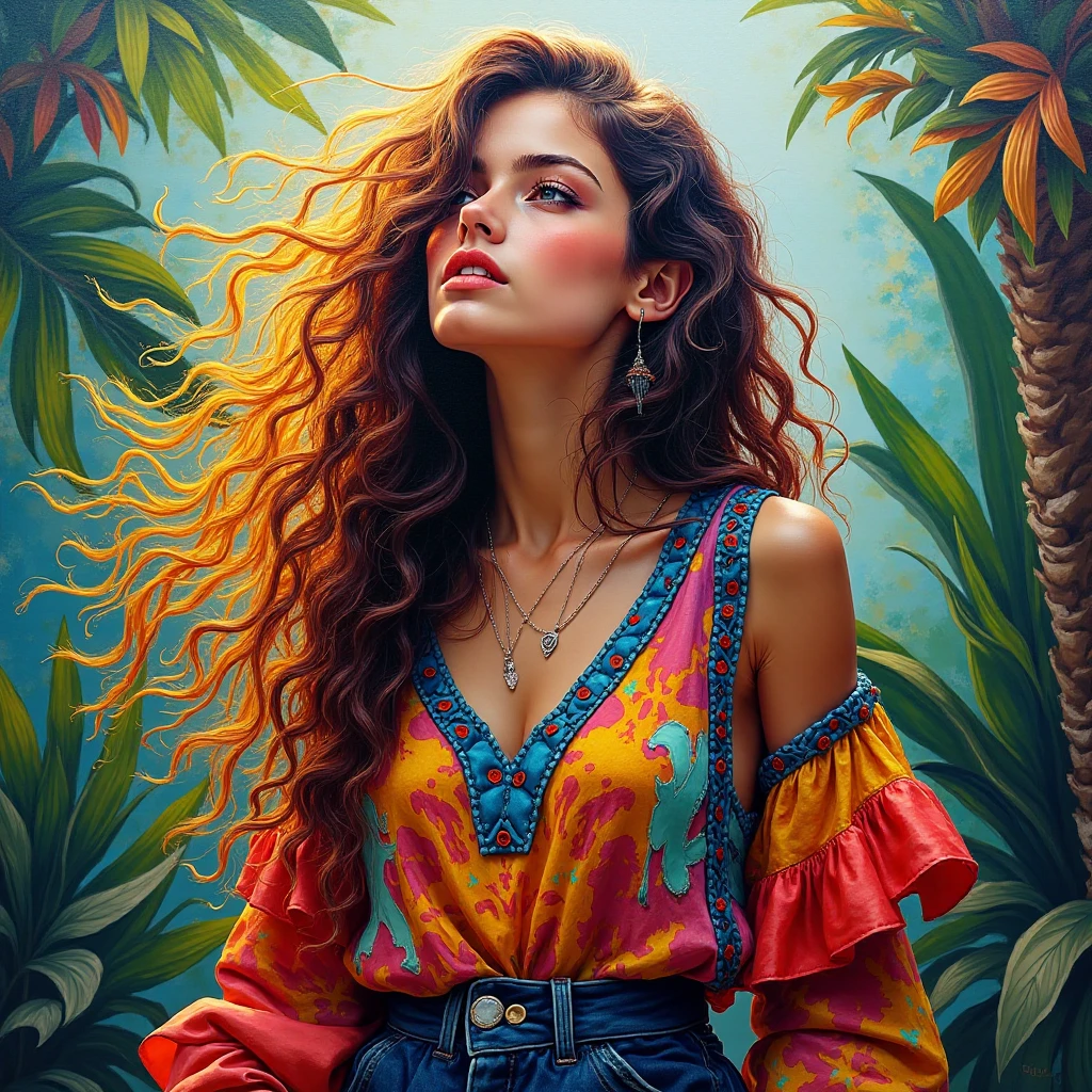 Colorful and catchy clothes that fully express the tropical atmosphere of the southern climate, a girl with long, miraculous mesh-colored hair that seems to have a similar world view and colorful passion, and dynamic and expressive art. A painting with a precise yet loose feel, with colors that resemble a mixture of oil painting, paint, and crayon