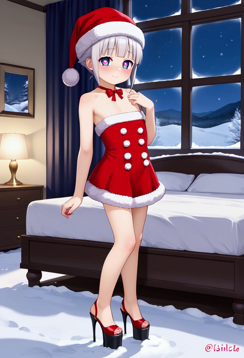 Hinata hyuga,flat chest,li,,full body,platform high heels,lascivious look,naughty look,bedroom,indoor,santa's costume,snow,night,heart-shaped pupils