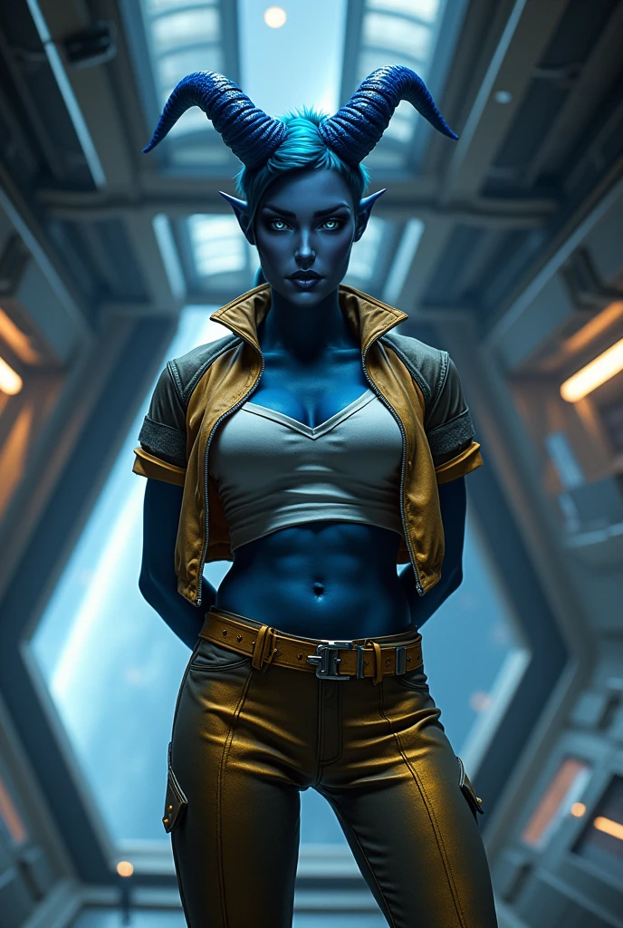 masterpiece, best quality, highest quality, high definition, highly detailed, 8K, (((blue skin)), twi'lek), standing, hand on hip, (wearing black jacket, tube top, black trousers, black pants, tight pants, long boots, ((busty), slender body, thin, slim sexy body, slim waist, huge breasts), Imperial starship, Star Wars,