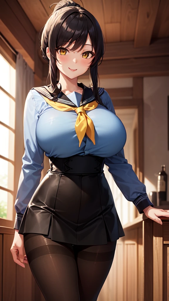 1girl solo, huge breast, yellow ponytail hair, bangs, yellow eyes, (blue serafuku:1.2), laces, long sleeve, tight clothes, indoors, mud bath house, jacuzzi, seductive pose, seductive smile, (black high waist skirt:1.5), seductive smile, (Detailed:1.5), (pantyhose:1.5), 