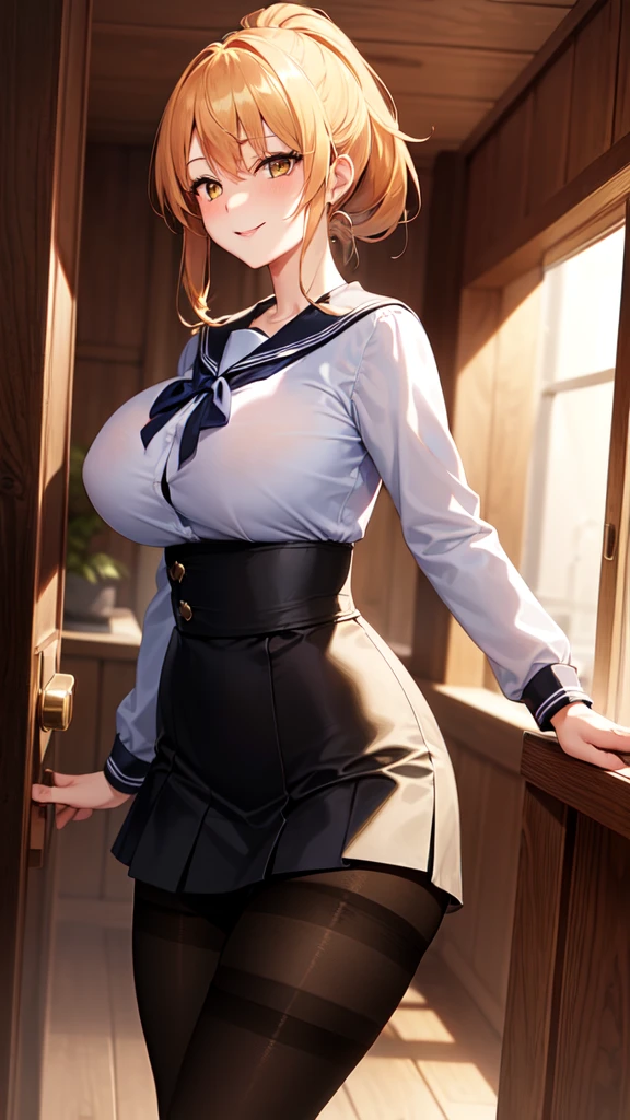 there is a woman in a uniform taking a picture of herself, anime girl cosplay, anime girl in real life, wearing japanese school uniform, japanese school uniform, jk uniform, japanese girl school uniform, wearing school uniform, wearing a school uniform, anime pose, girl wearing uniform, anime cosplay, girl in a miniskirt and stockings, wearing a stockings, girl in short skirt, attractive, big and soft breasts, big ass, big breasts, a skirt with curves, Pyra, in classroom, full subject in shot, girl sitting on the desk, the girl is trying to undo the button of her shirt with her left hand, trying to undo a button with her left hand, the right hand is holding onto the desk, the girl is holding onto the desk with her right hand