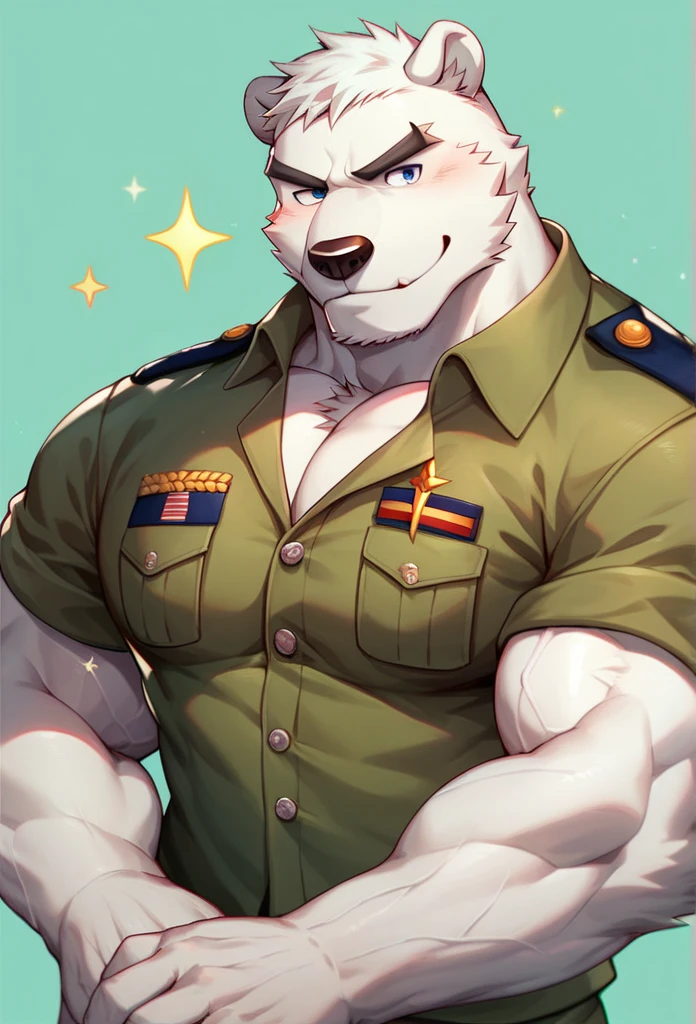 male, solo, anthro, badger, military camp, (camo pants), (closed eyes), (military vest), smile, blushing, detailed lighting, buff, (hands behind back)