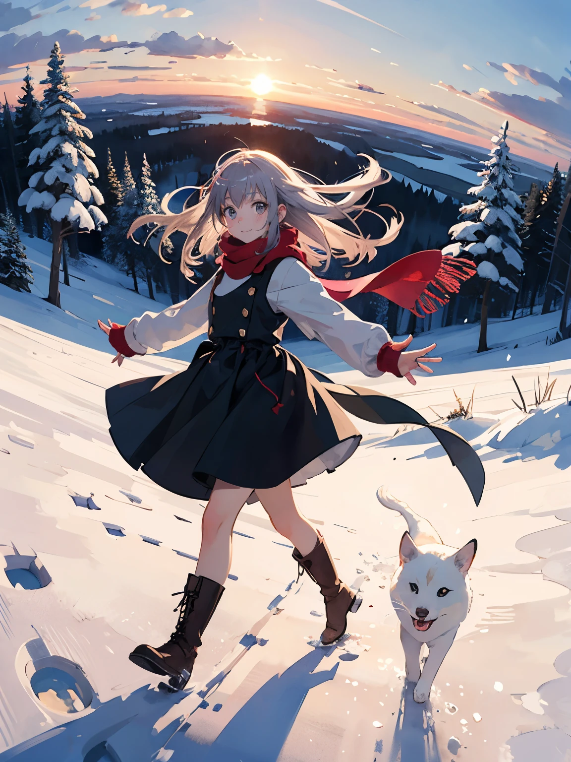 masterpiece， top quality， high image quality，( super flat,  flat shading )，Dancing,  fisheye lens，Beautiful Petite Woman :1.25， warm scarf ， snowの上でダンスする， long hair,  boots, smile, smile, White Breath，fun, play, winter, snow, dusk， Beautiful Sunsets ，Wide angle,  bright color, watercolor, Ghibli style，Strong winds， girl&#39;lure，