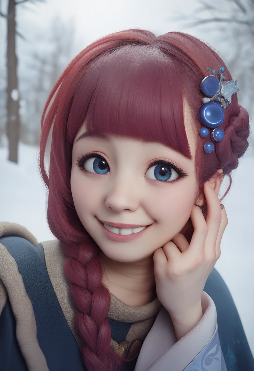   Bright purple Taoist dress  , Hanfu long skirt,  big eyes, Masterpiece with superb beauty , 1 female, close-up. close-up, A healing smile, Snow Scene, 4k quality, Twist Braid, Princess hairstyle princess cut, Simple hair accessories,  plum bossom ,  People can't forget its beauty as soon as they see it