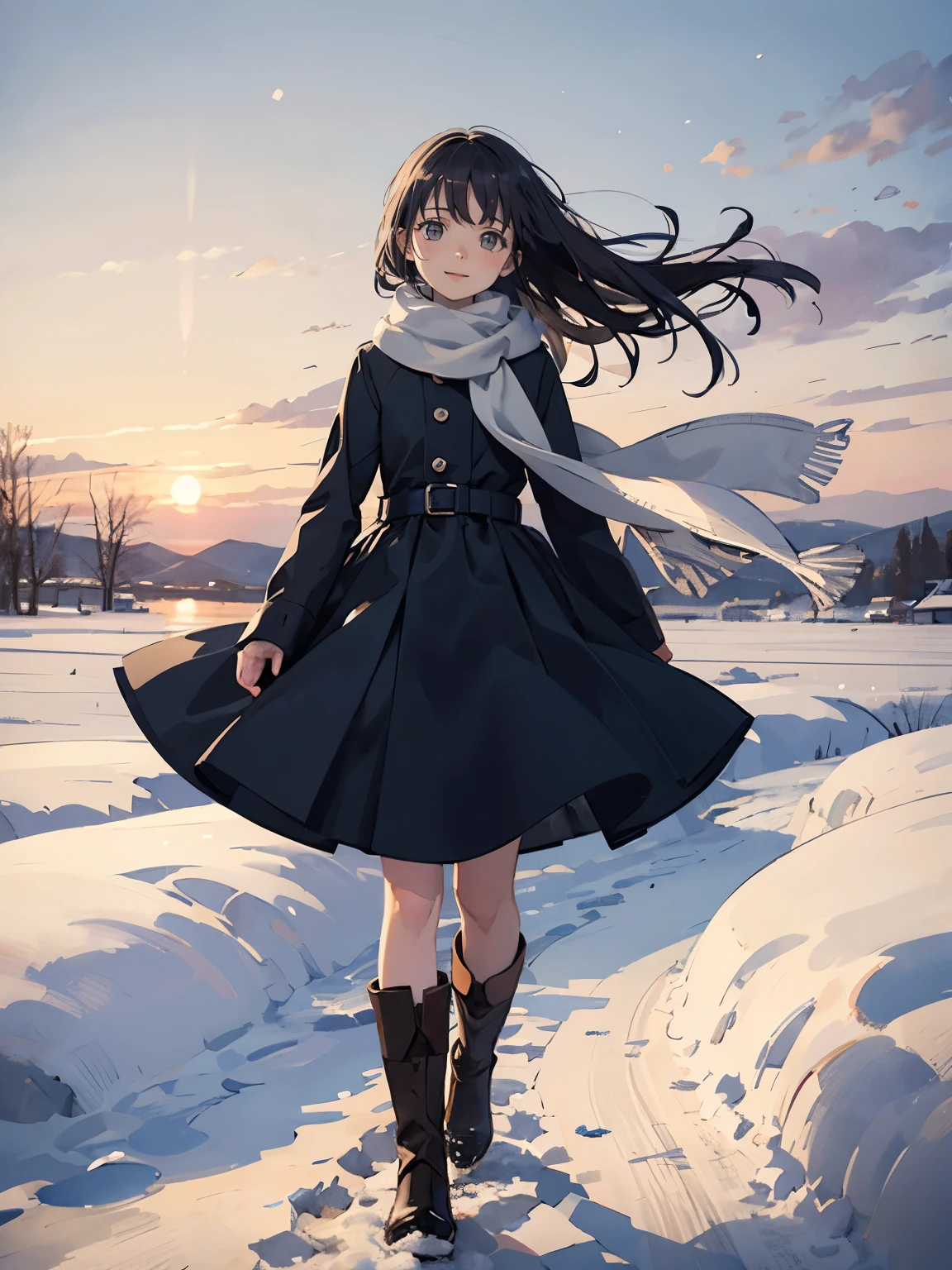 masterpiece， top quality， high image quality，( super flat,  flat shading )， fisheye lens，Beautiful Petite Woman :1.25， warm scarf ， snowの上でダンスする， long hair,  boots, smile, smile, White Breath，fun, play, winter, snow, dusk， Beautiful Sunsets ，Wide angle,  bright color, watercolor, Ghibli style，Strong winds， girl&#39;lure，