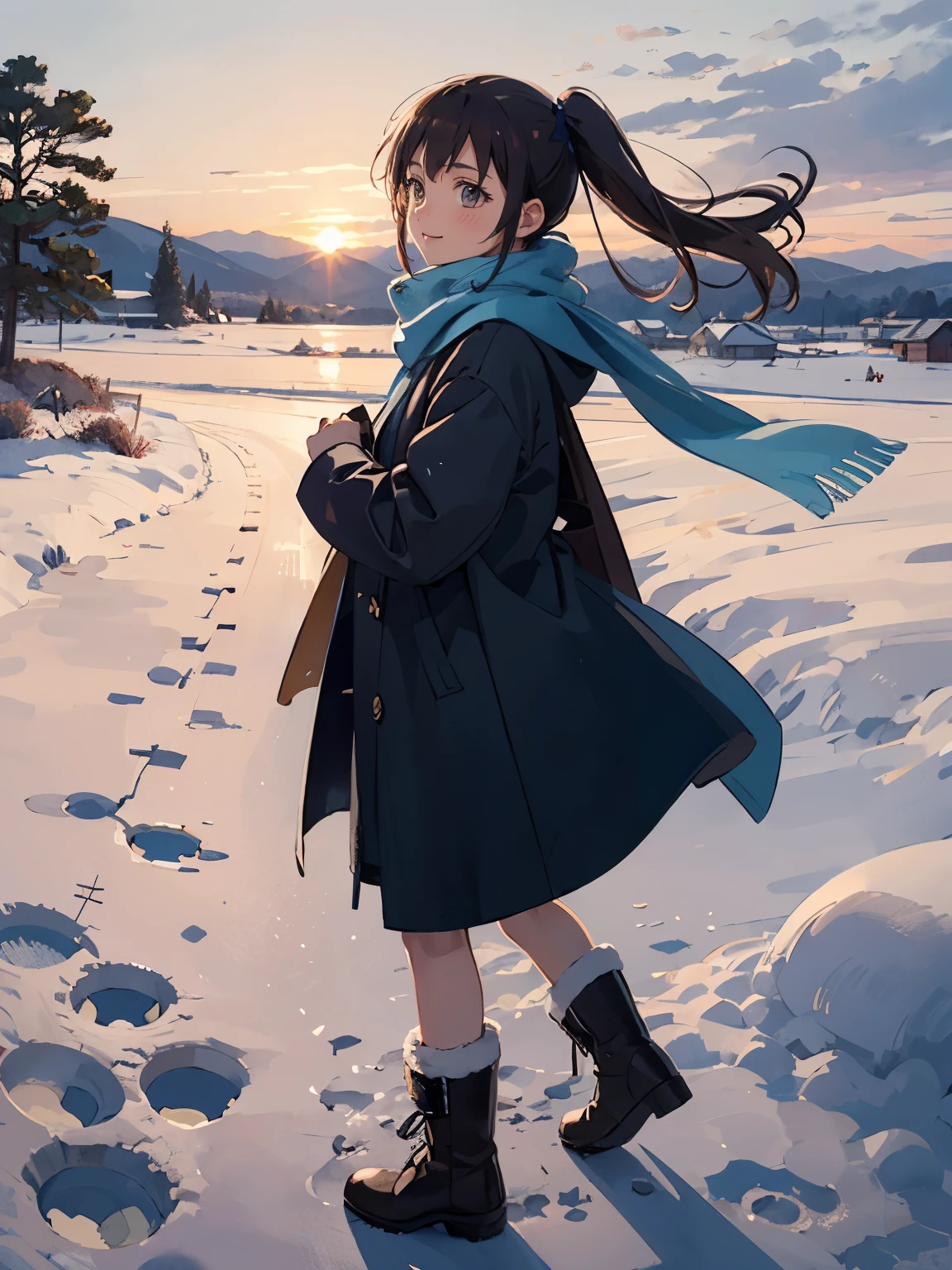 masterpiece， top quality， high image quality，( super flat,  flat shading )， fisheye lens，Beautiful Petite Woman :1.25， warm scarf ， snowの上でダンスする， long hair,  boots, smile, smile, White Breath，fun, play, winter, snow, dusk， Beautiful Sunsets ，Wide angle,  bright color, watercolor, Ghibli style，Strong winds， girl&#39;lure，