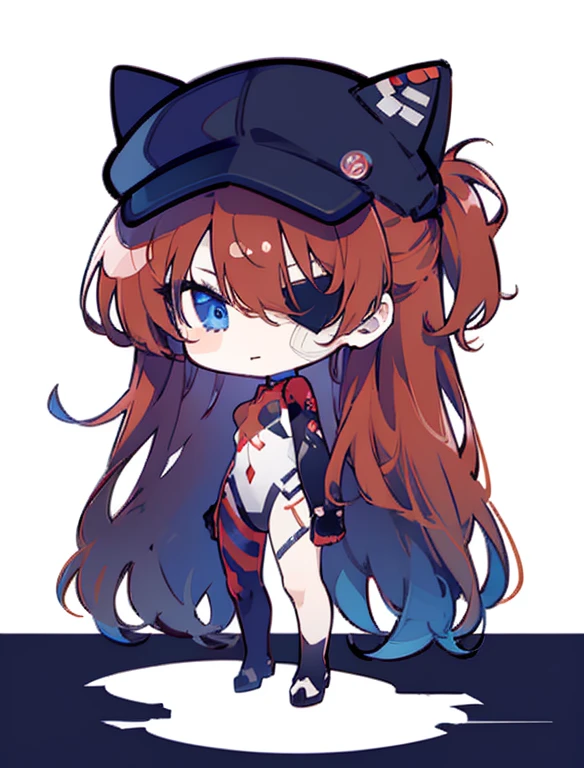  top quality、 high image quality、Detailed body、 very detailed with crimson hair、  Neon Genesis Evangelion  、   Shikinami Asuka Langley 、  red plug suit  、  blue eyes、 eye patch（Cat hat、black）cute、Chibi